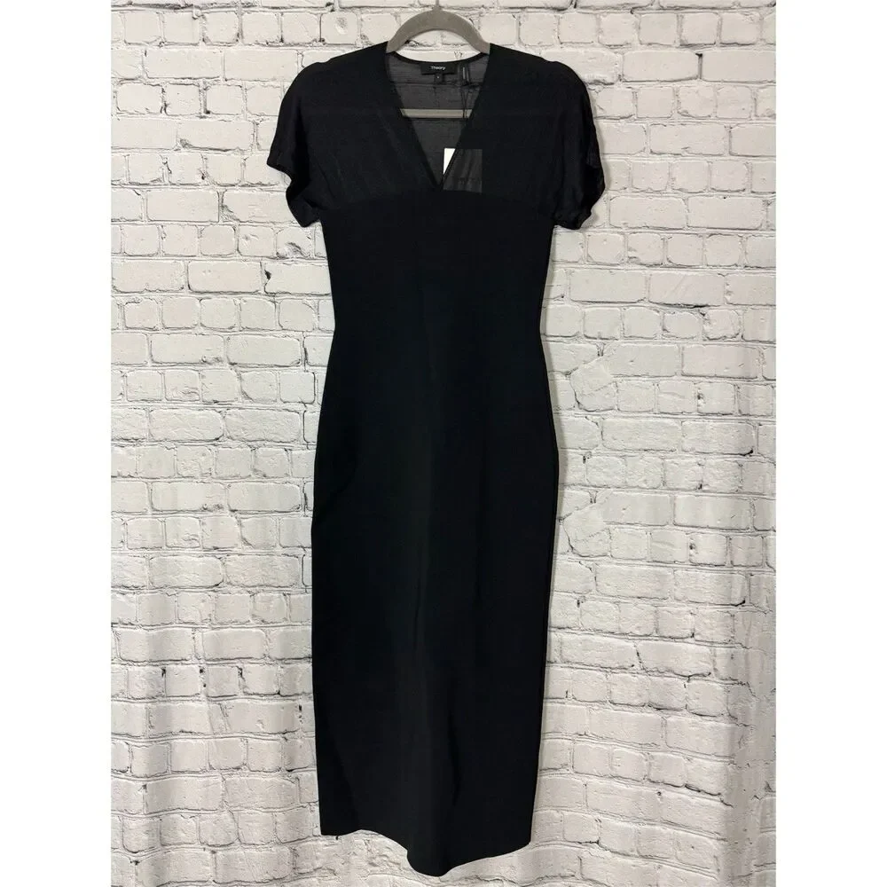 NWT Theory Kimono Illusion Fitted Dress in Black Glossed Women Size Small S LBD - Picture 4 of 16